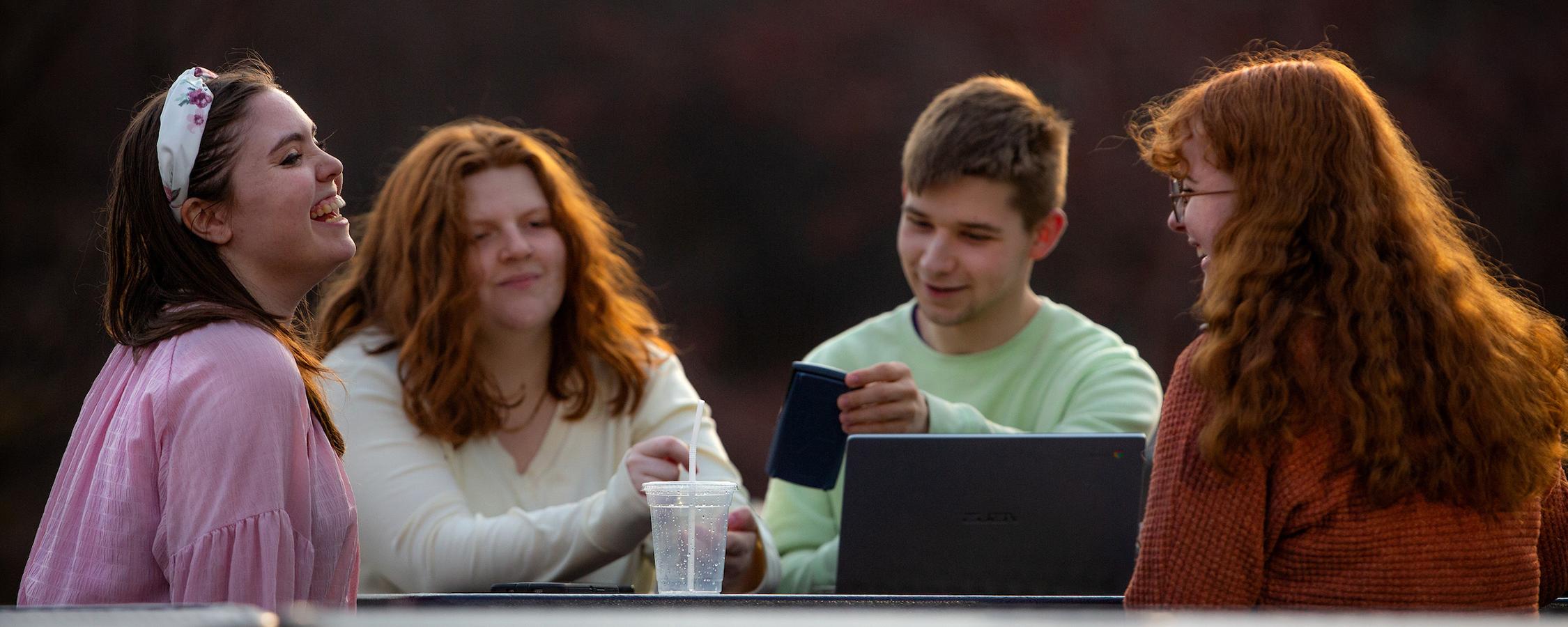 Students studying and laughing outdoors