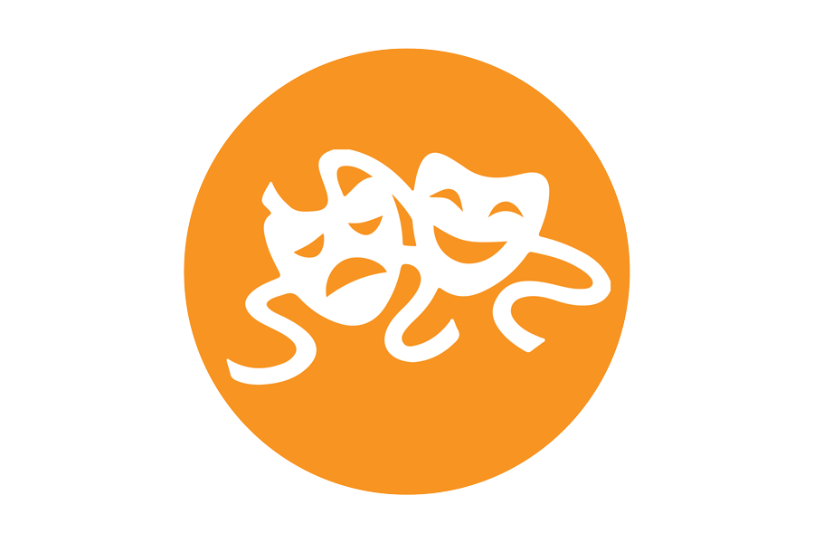 Graphic of two white masquerade masks on an orange background.