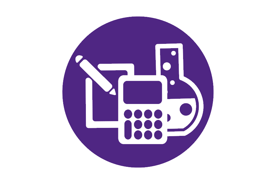 Icon of a beaker, calculator and tablet on a purple background.